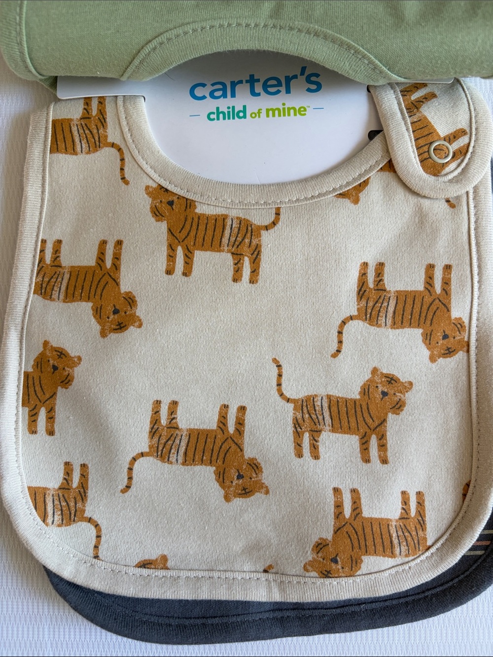 carter's Olive Green 'Wild Snacker' Tiger Bib Set (3) NIP - Picture 2 of 5